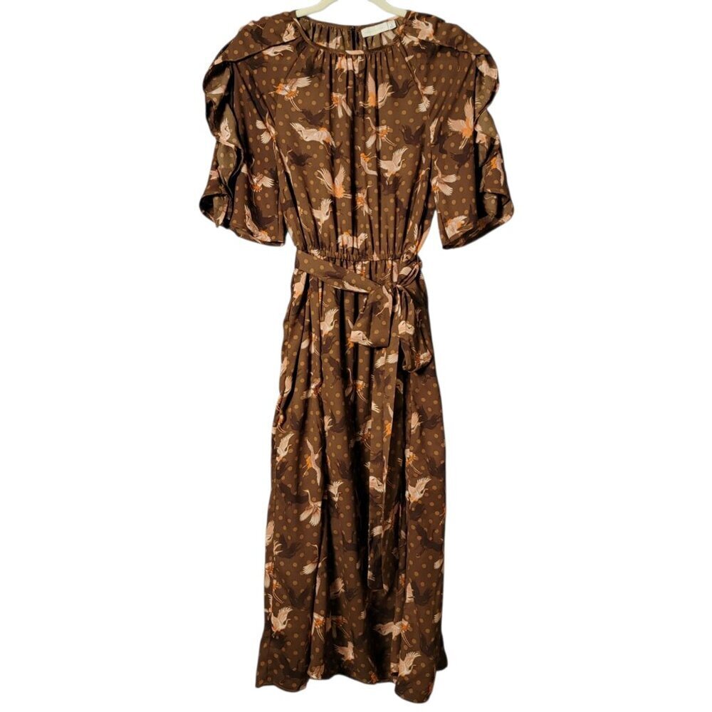 Happy X Nature Kate Hudson Polka Dot Bird Print Ruffle Belted Midi Dress Small